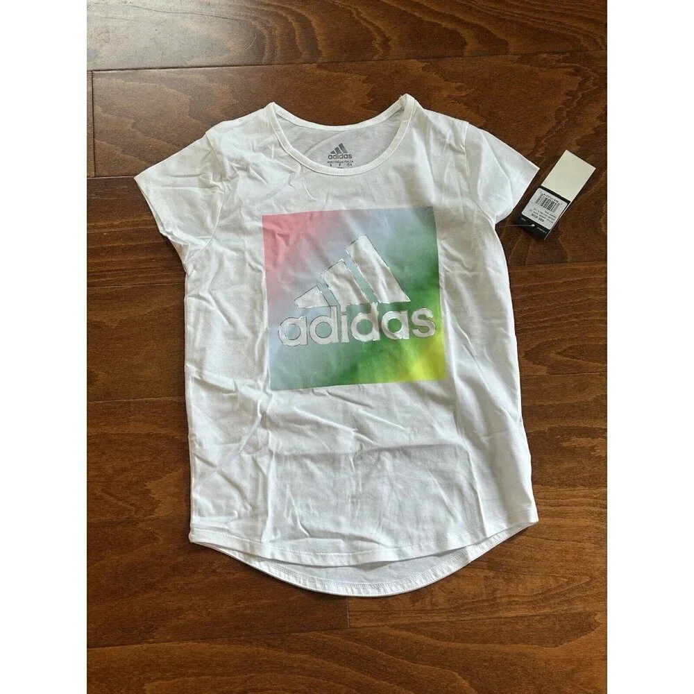 adidas Girls' Short Sleeve‎ Cotton Scoop Neck Tee T-Shirt Rainbow NWT Size S 7/8